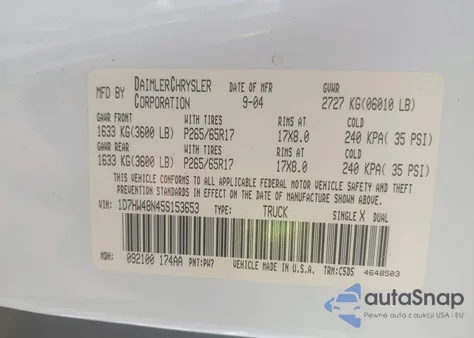 2005 Dodge Dakota Slt из США, поврежденный, VIN 1D7HW48N45S153653